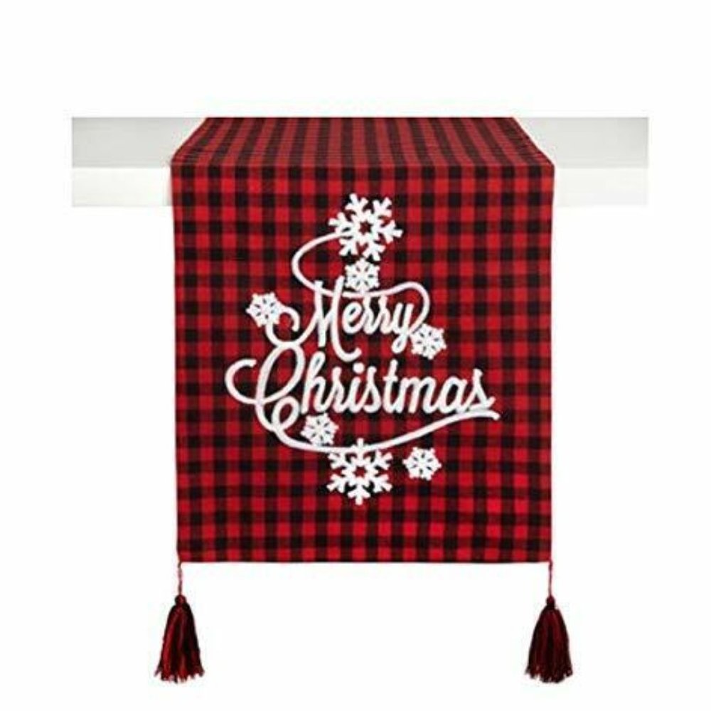 Merry Christmas Table Runner Red Black Plaid Buffalo Check Farmhouse 13 x 72 New